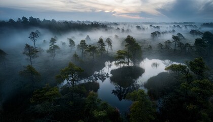 Fototapeta premium Un pantano brumoso exuda un ambiente místico con sus aguas ocultas, árboles cubiertos de niebla y un aura cautivadora de encanto y misterio, 4k