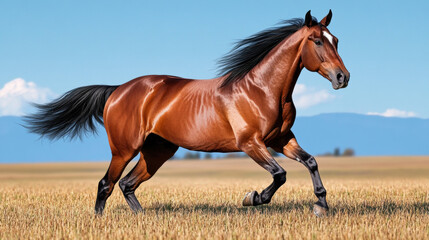 Obraz premium Majestic brown horse running gracefully through lush green pasture under clear blue sky in natural setting