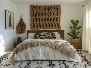 A warmly decorated bedroom featuring textiles and natural textures