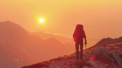 Fototapeta premium A Hiker Standing on a Mountain Peak at Sunset