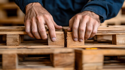 Close-up of person's hands delicately arranging wooden pallets on a rustic wooden table with careful precision