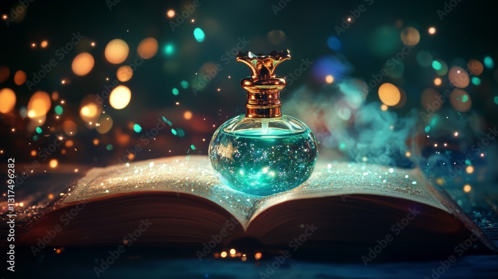 Poster a magical potion and an open book in a mystical setting