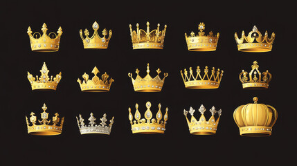 Crown vector golden royal jewelry symbol of king queen and princess illustration sign of crowning prince authority set of crown jeweles isolated on white background