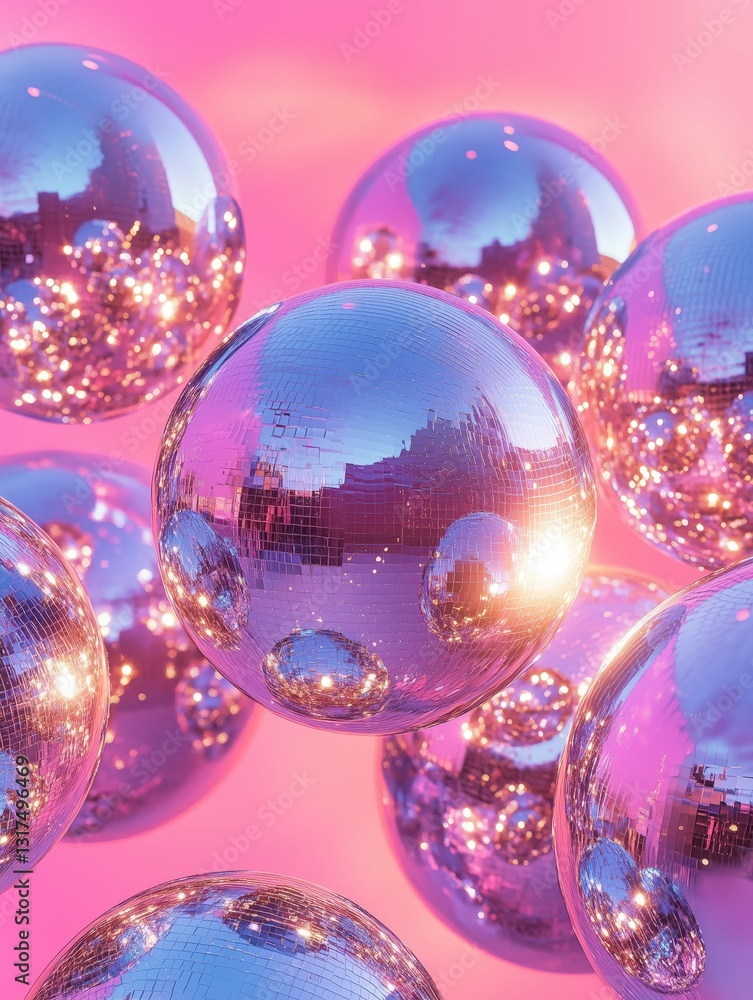 Poster a cluster of shiny disco balls reflect light in a festive display embodying a retro party atmosphere
