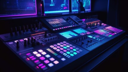 Obraz premium Neon-lit Music Production Studio Console