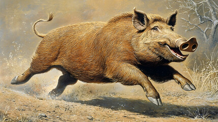Wild boar running across savanna, dust flying, trees in background; wildlife art print
