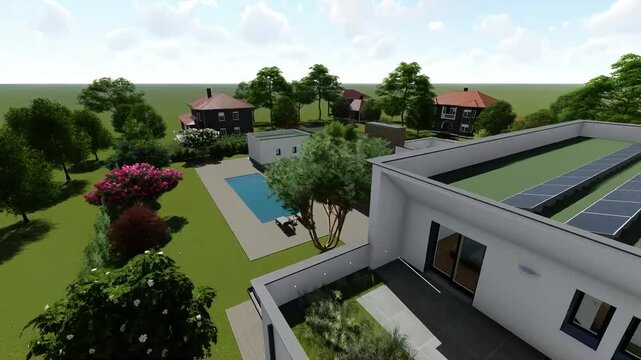 Modern exterior design of a luxurious building. 3d rendering of a modern building . 360 drone view. Realistic building exterior 3d render animation.