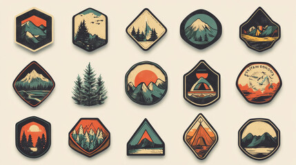 Set of vintage woods camp badges and travel logo hand drawn emblems nature mountain camp outdoor vector illustration.