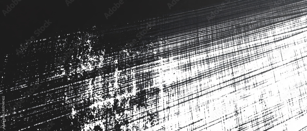 Poster a high-contrast scratched surface in black and white with strong diagonal lines creating a bold and 