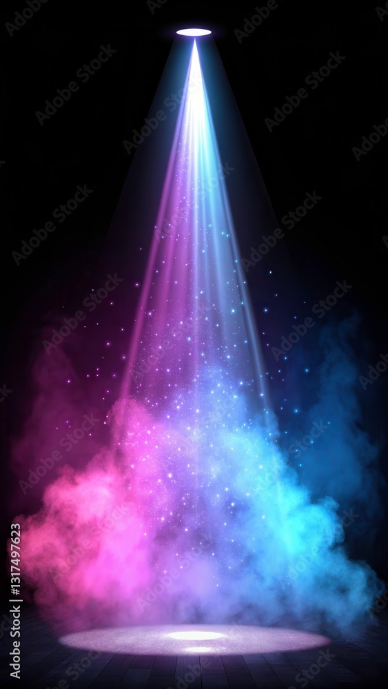 Poster bright spotlight casting colors on smoke with low resolution background during performance generativ