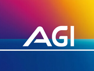 A modern AGI logo in white displayed on a vibrant gradient background with shades of blue pink orange and purple creating a futuristic look  
