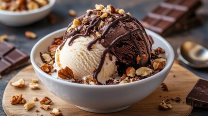 Dark chocolate cake with vanilla bean ice cream, topped with crunchy chopped nuts and chocolate shavings.