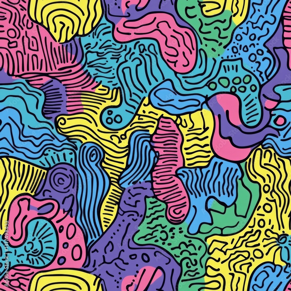 Poster fun line doodle seamless pattern. creative abstract squiggle style drawing background for children o