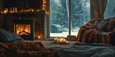 A Cozy Room With Fireplace And Window During Snowfall