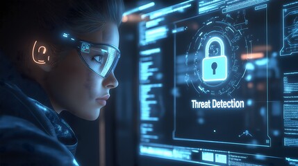 Asian Security Analyst with Glasses Examining Threat Detection Interface with Padlock Icon on Blue Digital Display, Cybersecurity Monitoring Professional Analyzing Data Protection