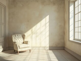 Elegant wingback chair situated near a sunlit window in a room