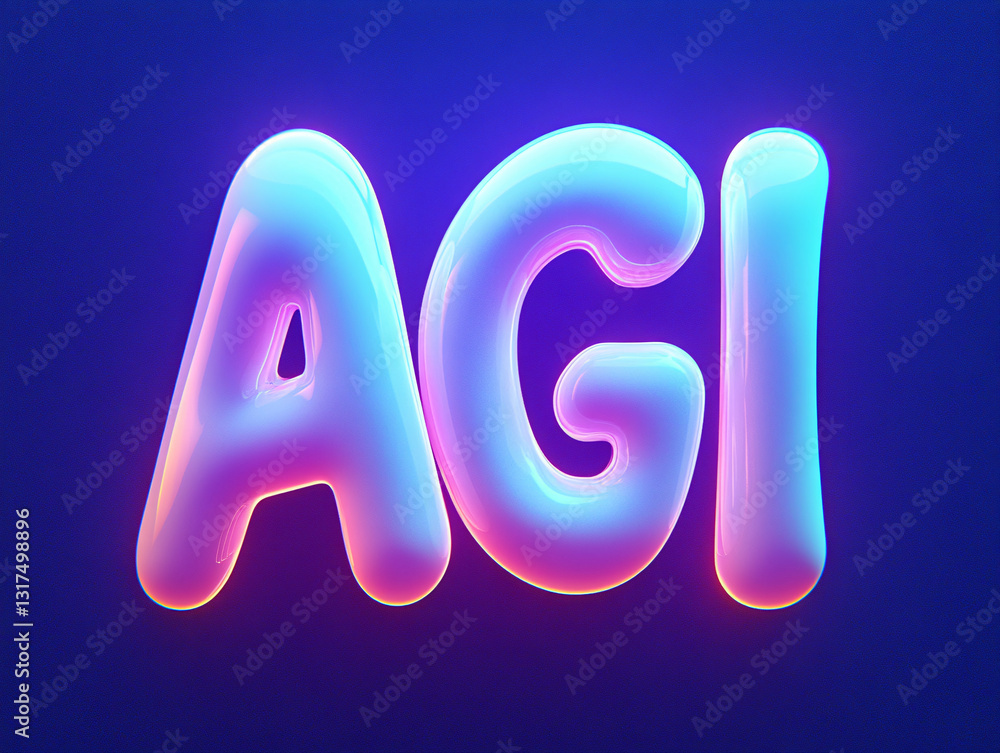 Fototapete glossy three-dimensional agi text with a soft neon glow in shades of blue and pink against a dark ba