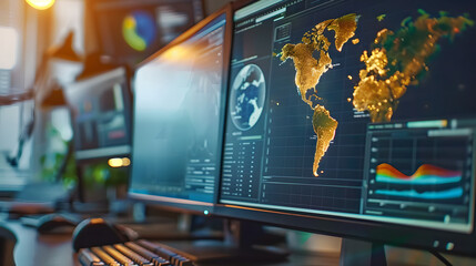 Close-up of multiple computer monitors displaying global data analytics, cybersecurity information, and digital world maps in a high-tech control room. Concept of global networking, cybersecurity 