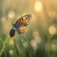 Metamorphosis in Nature: A Butterfly's Journey from Chrysalis to the Freedom of Flight on a Dewy Morning