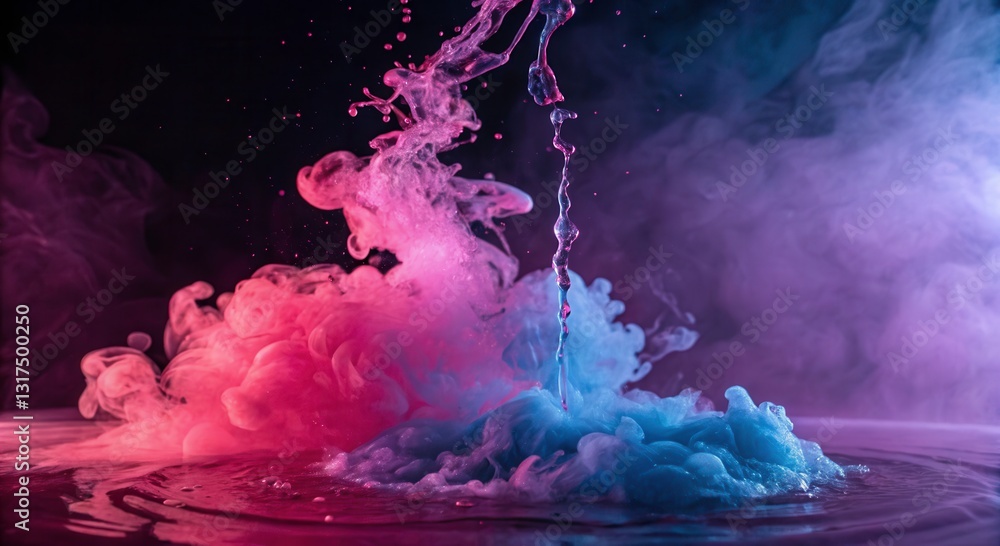 Poster colorful ink blending with water creating a mesmerizing transition in low resolution generative ai