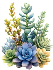 Obraz premium Watercolor painting featuring a vibrant bouquet of succulents in blues, greens, and yellows