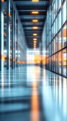 Modern hallway with sleek glass walls and vibrant lighting in an urban setting during the evening hours