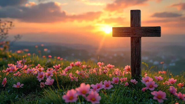 Wooden cross on a hill at sunset with blooming flowers