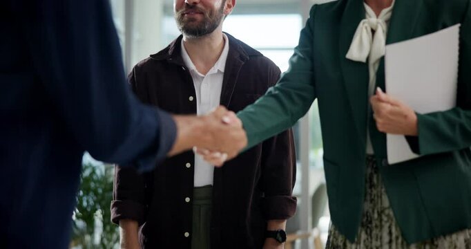 Business people, introduce or handshake closeup for office negotiation, funding agreement or b2b deal. Recruiter, director or entrepreneur meeting investor for opportunity, partnership or greeting