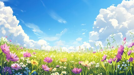 Sunny day, flower field, blue sky, fluffy clouds, idyllic scene, spring landscape