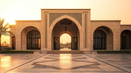 Sunrise at grand arched entryway, desert landscape