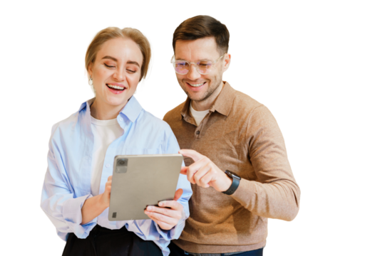 Engaged couple smiles while discovering new apps on a tablet in a casual indoor setting