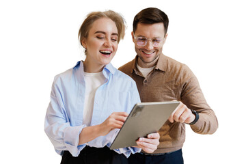 Two people engaged in a joyful discussion while using a tablet in a bright indoor setting