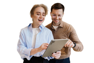 Two people engaged in a joyful discussion while using a tablet in a bright indoor setting