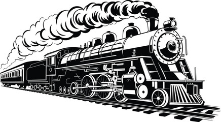 Vintage Steam Locomotive Black and White Train Illustration.
