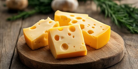 Delicious yellow cheese pieces displayed on a wooden cutting board in a rustic kitchen setting
