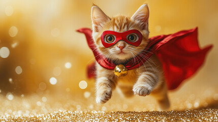 A cute orange cat dressed as a superhero, wearing a red cape and mask, jumps heroically against a yellow background. Playful studio shot with copy space.