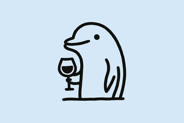 Funny dolphin with wine glass, simple line art vector