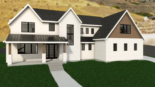 Duplex building exterior design 3d visualization. White residential duplex house rotating motion graphics. Architectural design sample 3d rendering.