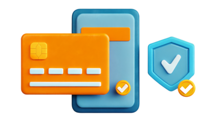 Digital payment icons 3D Illustration with a credit card and security shield.