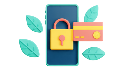 Digital security concept 3D Illustration featuring a locked phone and credit card with leaves.