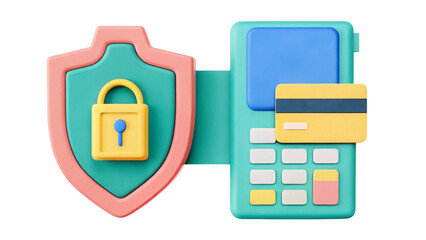 Digital payment security 3D Illustration with a credit card and lock icon.