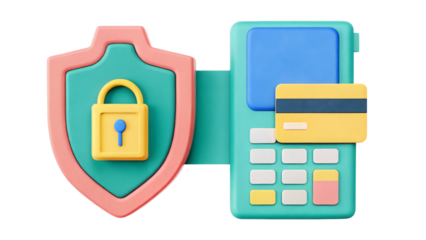 Digital payment security 3D Illustration with a credit card and lock icon.