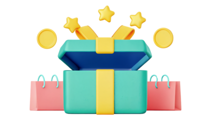 Colorful gift box with stars and coins, representing celebration and rewards.