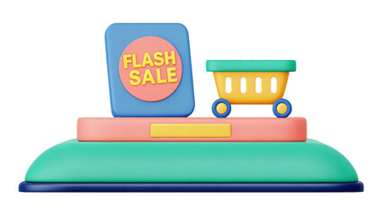 Discounts 3D Illustration representation of a flash sale with a shopping cart.