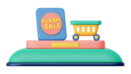 Discounts 3D Illustration representation of a flash sale with a shopping cart.