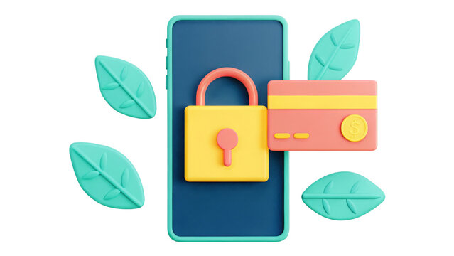 Digital security concept 3D Illustration featuring a locked phone and credit card with leaves.
