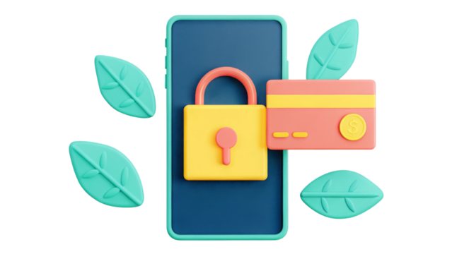 Digital security concept 3D Illustration featuring a locked phone and credit card with leaves.
