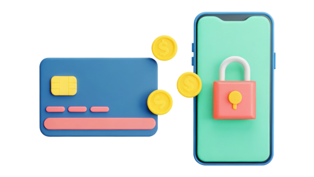 Digital payment security 3D Illustration with a card and locked smartphone.