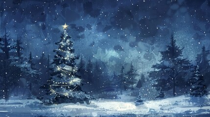 A Serene Winter Landscape with a Festive Christmas Tree
