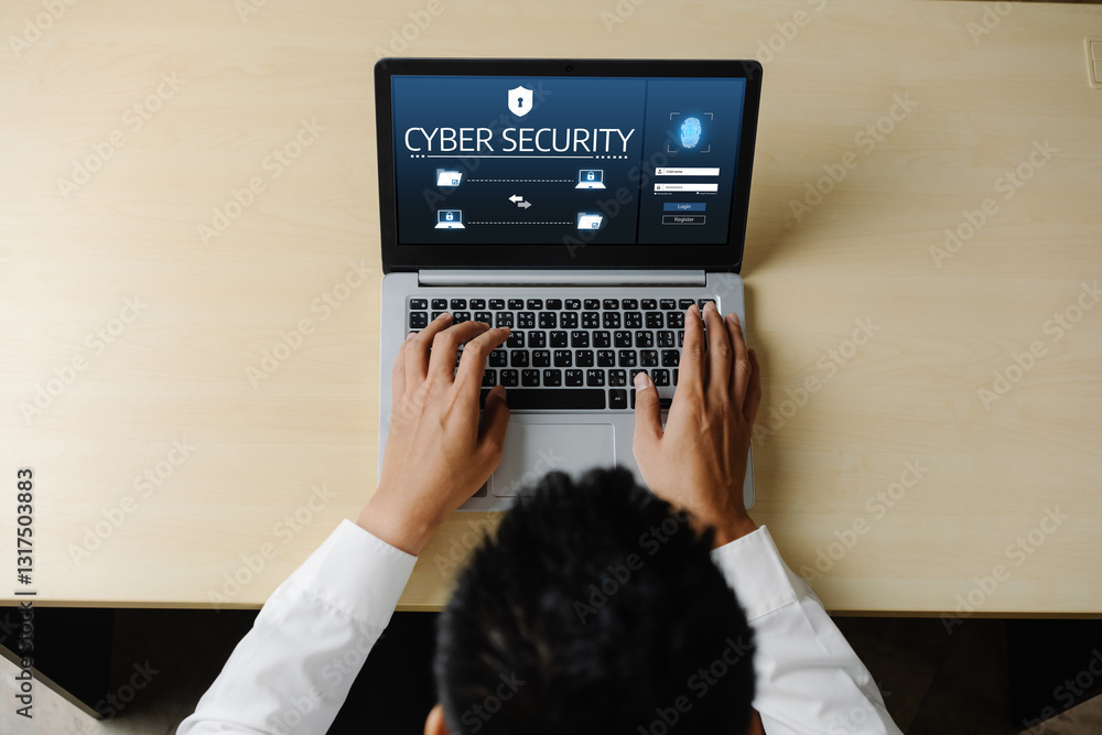Poster cyber security system on computer screen protect private information snugly from hacker and cyber at